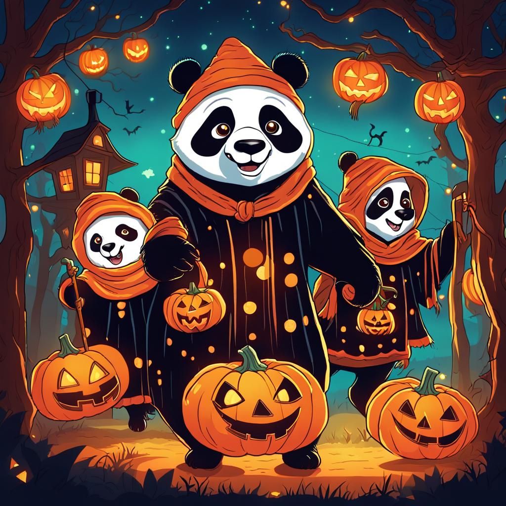Panda Family Trick-or-Treating on Halloween Night