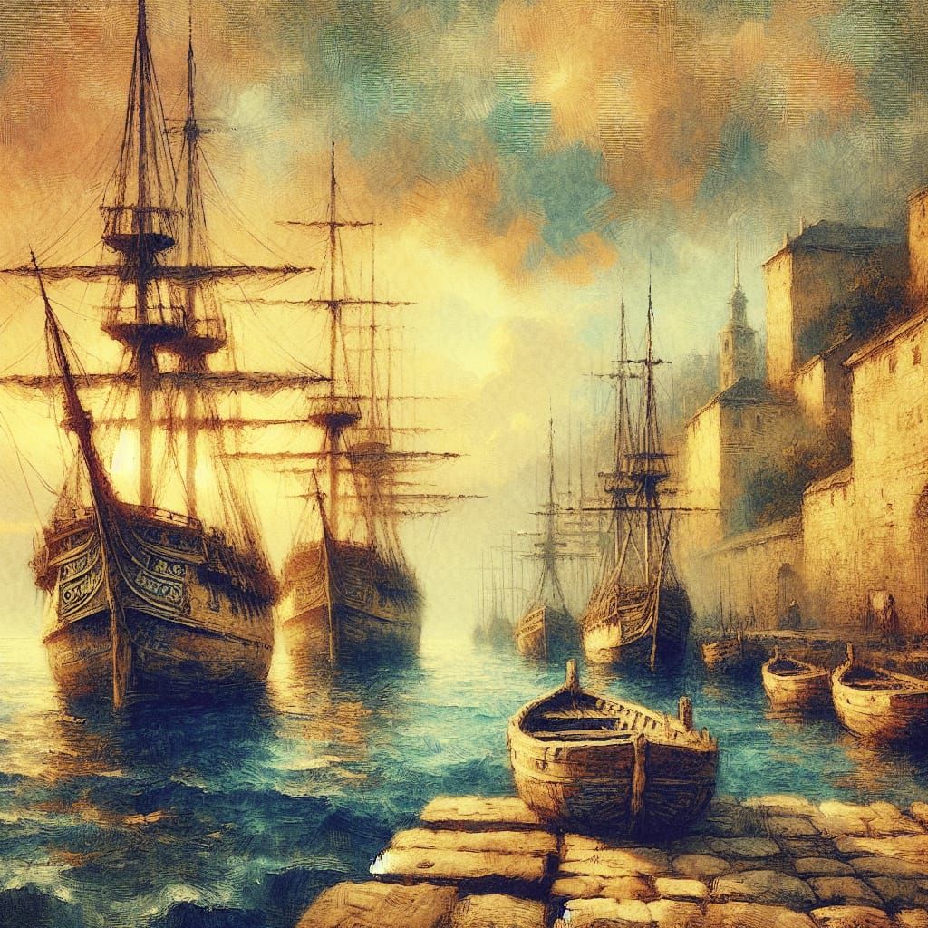 Vintage European Harbor in Romantic Impressionist Style