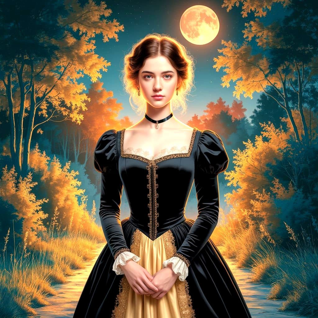 Victorian Beauty in Moonlight, as Oil Painting