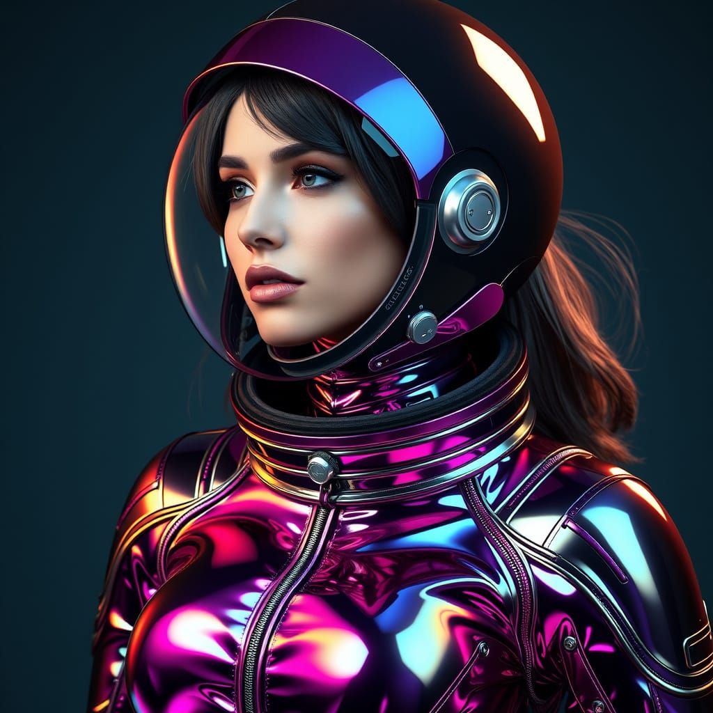 Hyperrealistic Woman in a Shimmering Latex Spacesuit