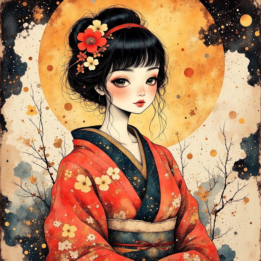 1960s Anime Style Poster of Stylish Japanese Woman in Kimono