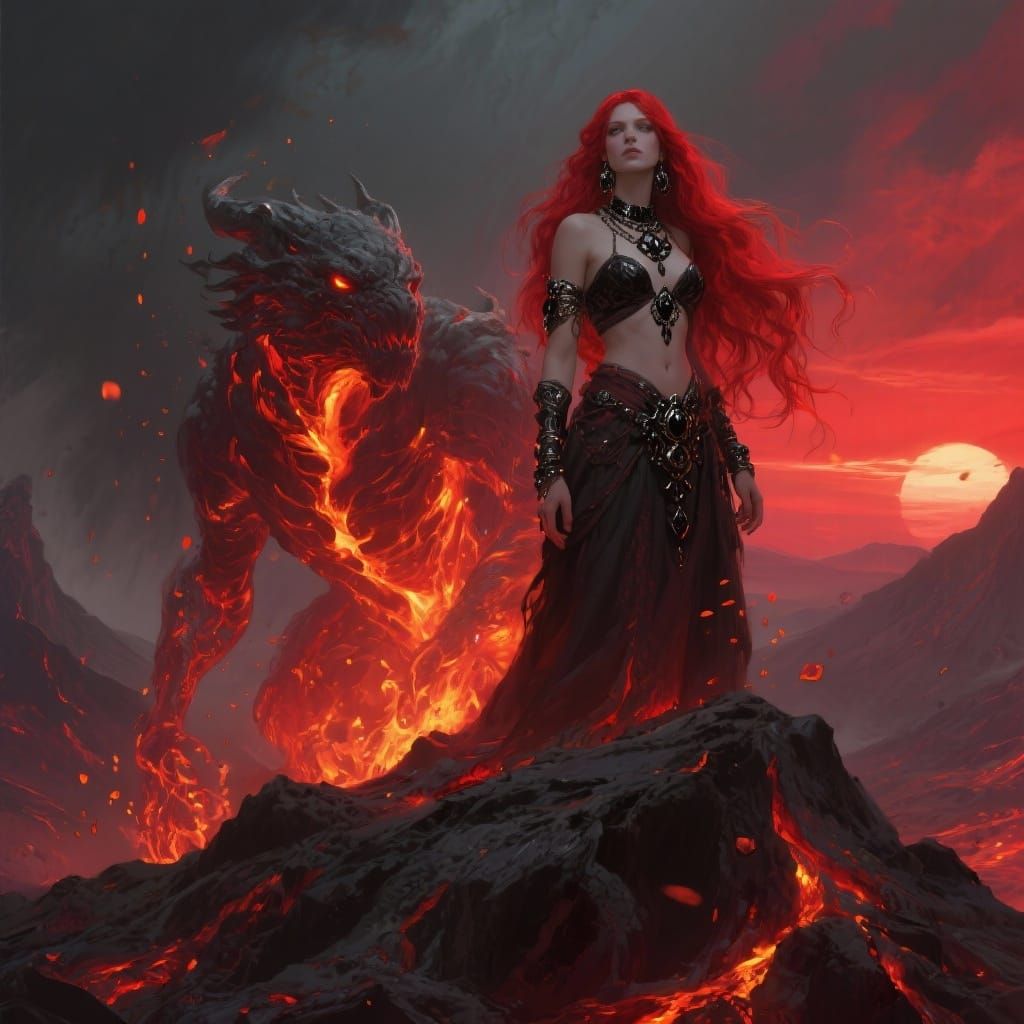 Volcanic Maiden and Lava Companion in Dark Fantasy Style