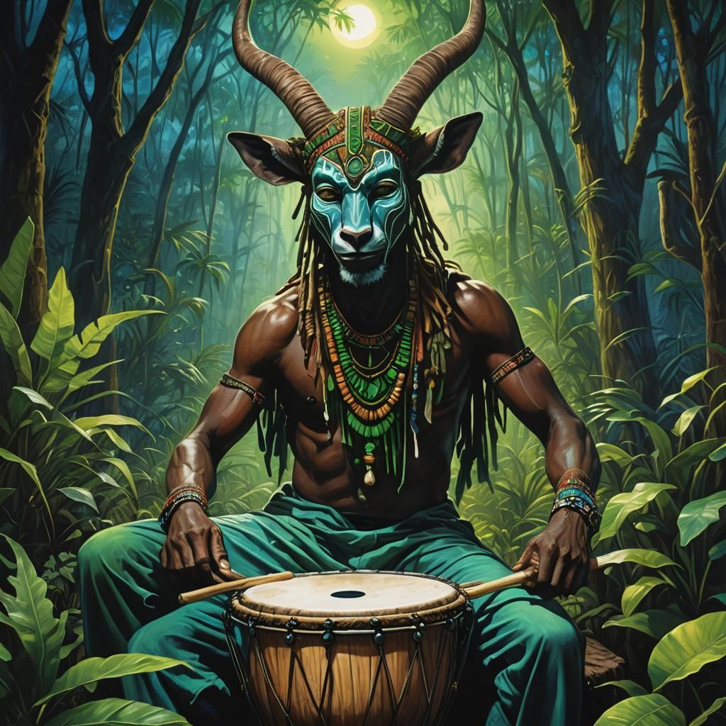 African Drummer in Jungle Clearing with Neon Lights