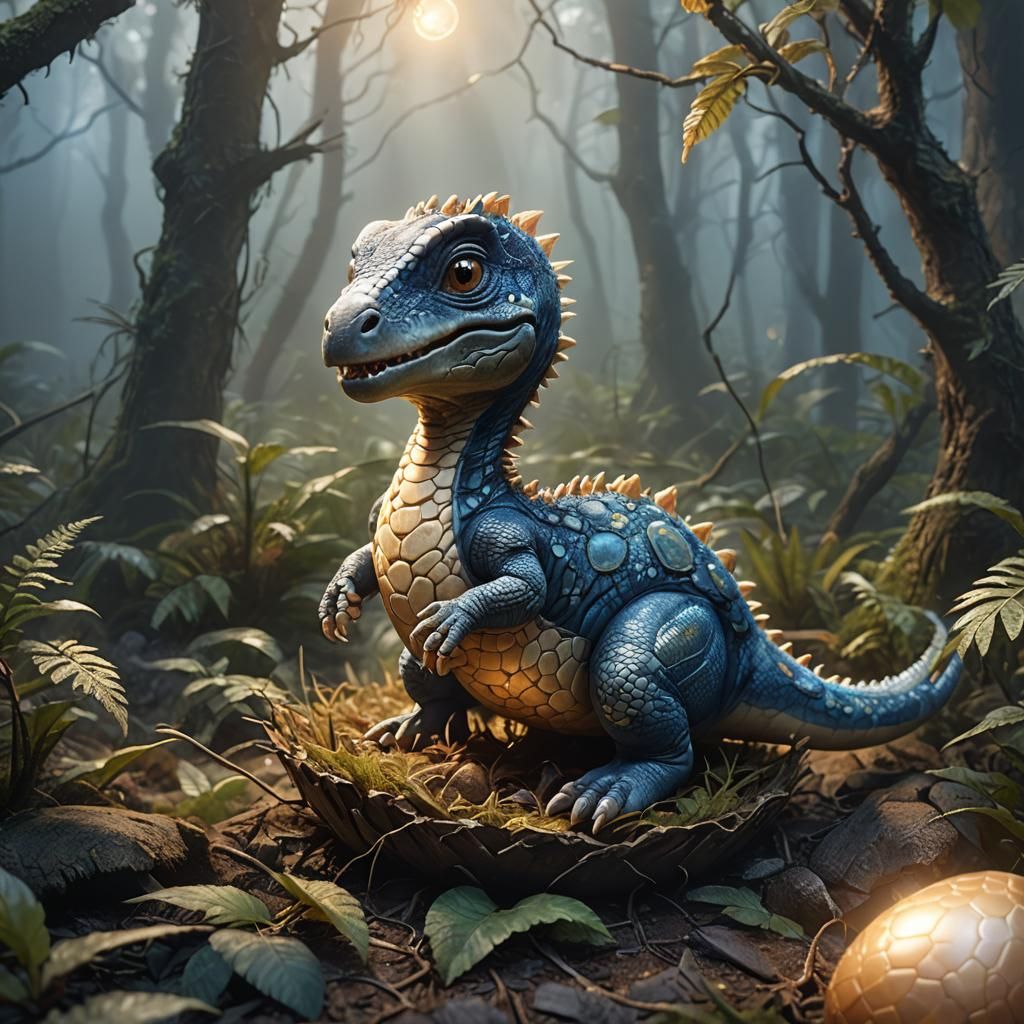 Enchanted Prehistoric Hatchling in a Misty Forest