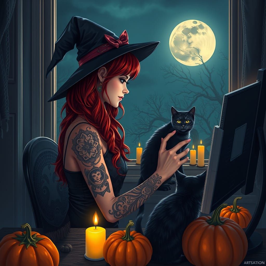 Witchy Girl with Cats and Candles at Night