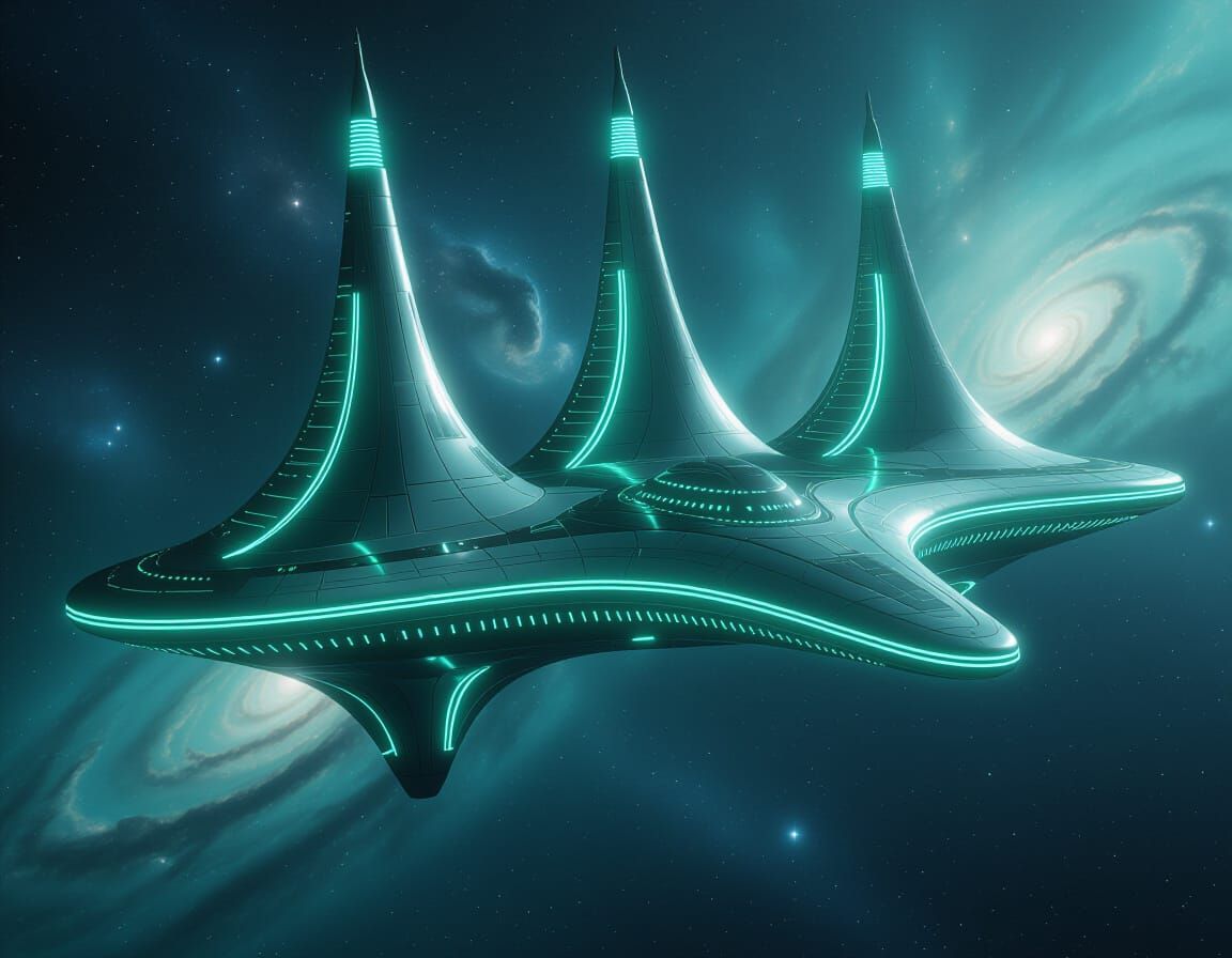 Futuristic Space Station with Spires in Cosmic Nebula