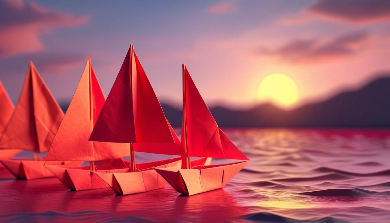Red Origami Sails at Sunset in Papercraft Style
