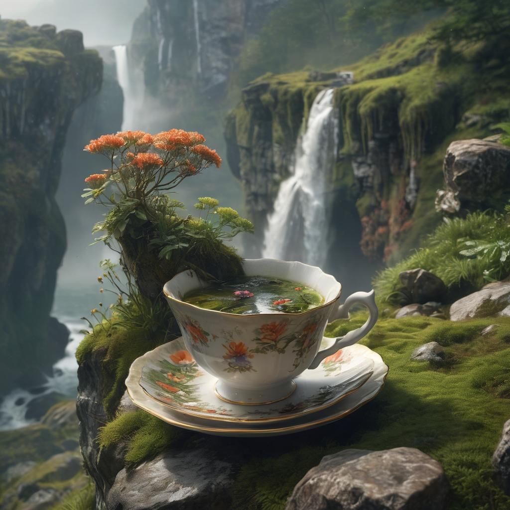 Teacup Waterfall: Hyper-Realistic Digital Art