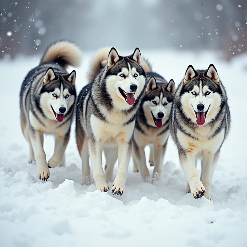 Huskies Playing in Snow, Oil Painting Style
