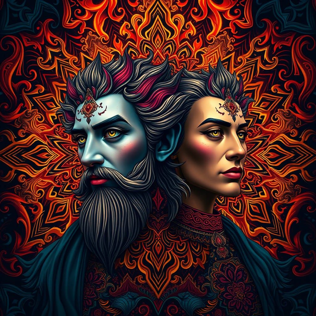 Surreal Fantasy Portrait of Kotek and Rudy in Swirling Flame...