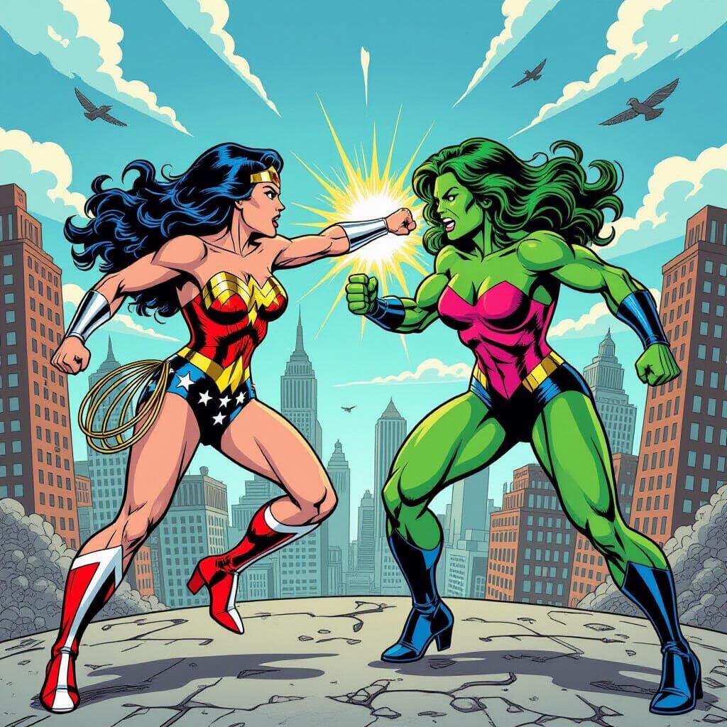 Wonder Woman vs She-Hulk in Comic Book Style