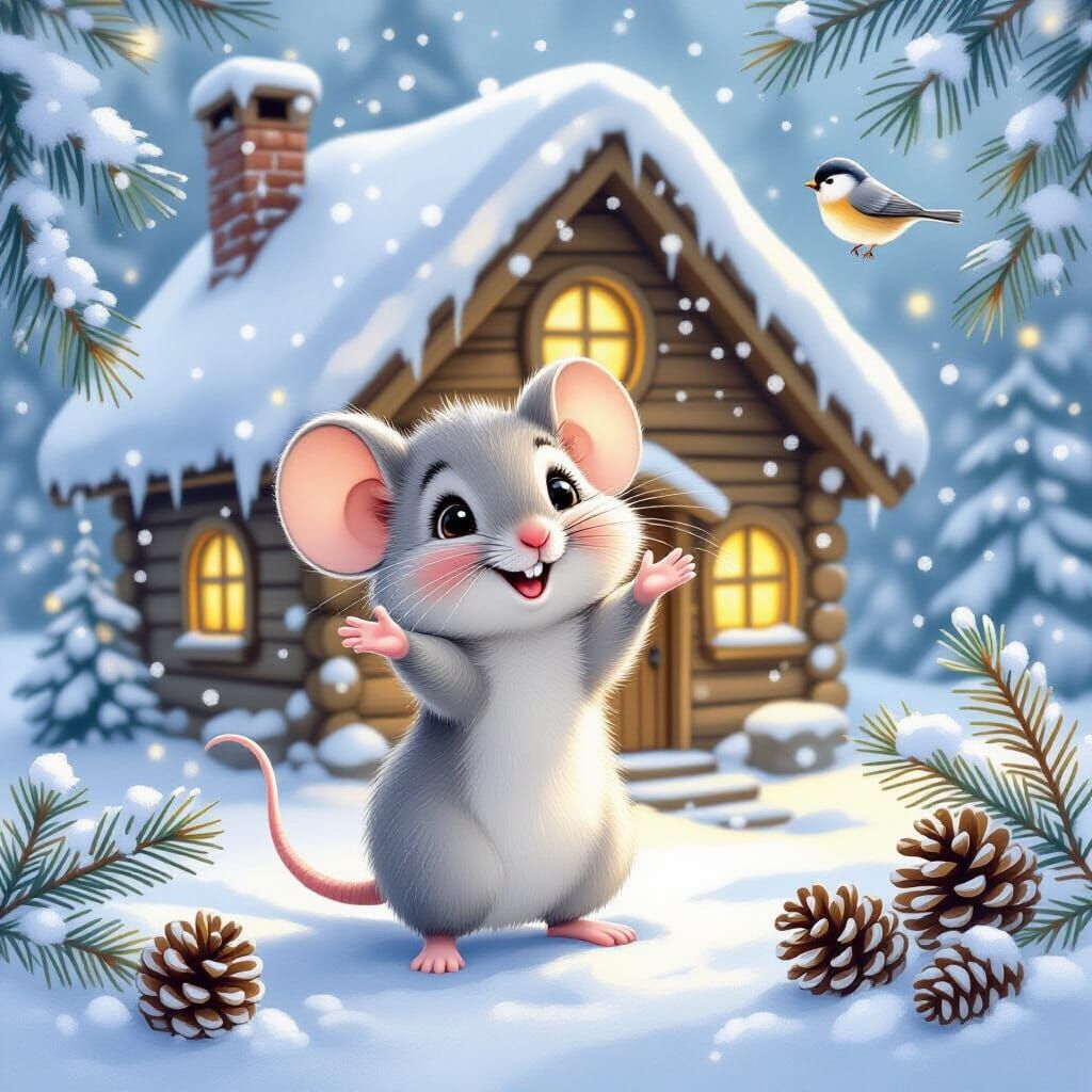 Whimsical Mouse at Snow-Covered Cabin in Watercolor Style