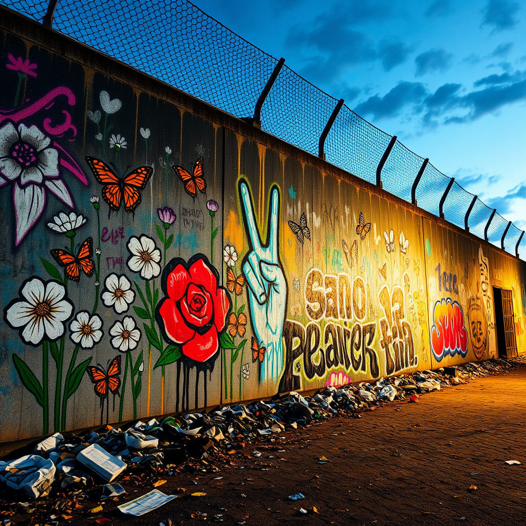 Graffiti Art: Flowers and Peace on Prison Wall