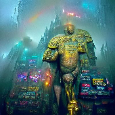 Stone Golem Guards Treasure in Cyberpunk Style