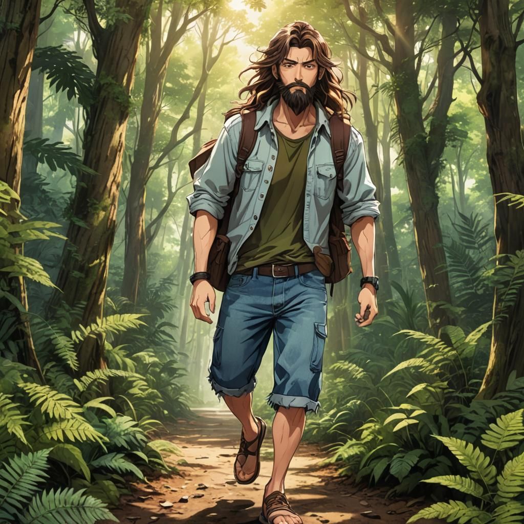 Manga-Inspired Wild Man Walking in Forest