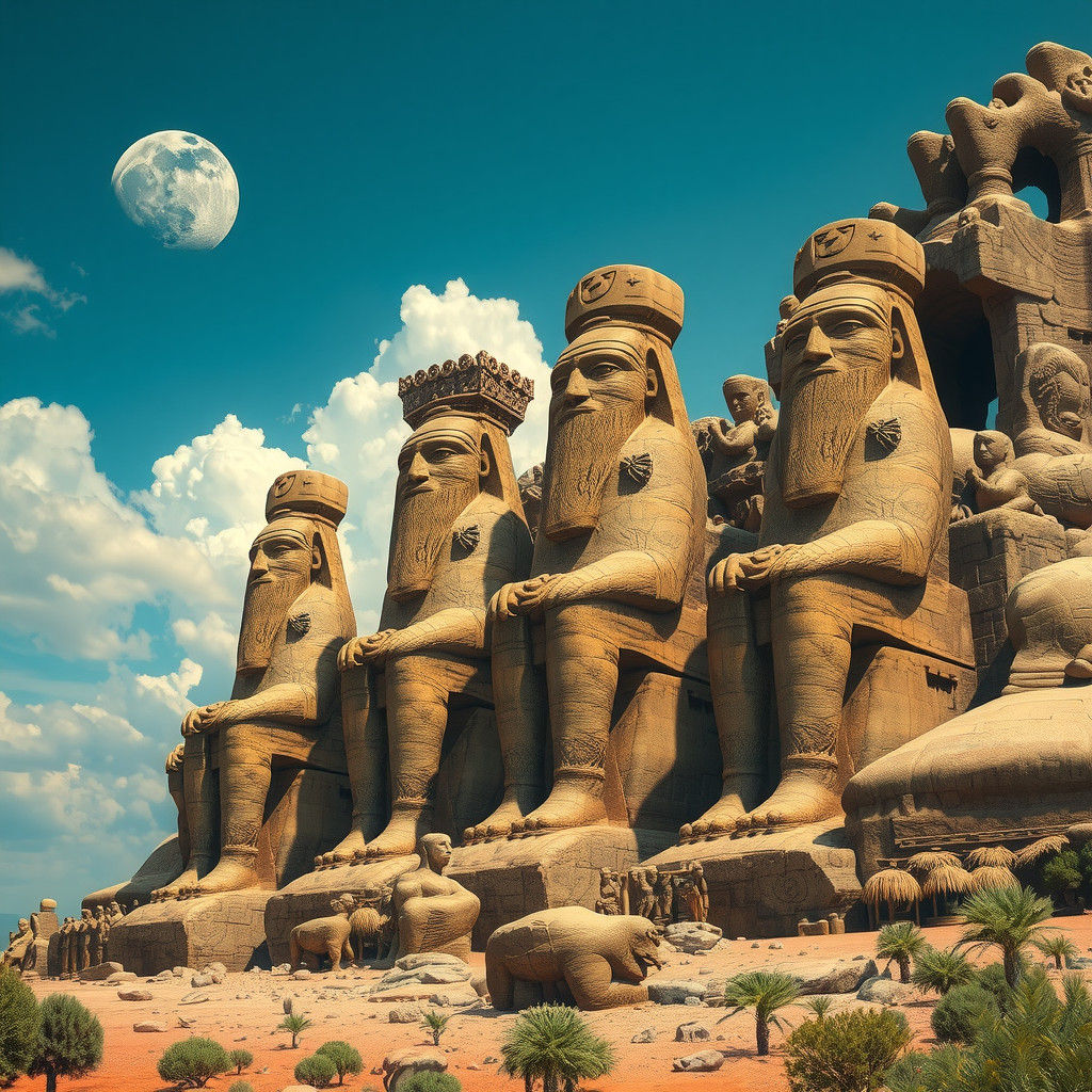 Epic Statues in Prehistoric Canyon Landscape