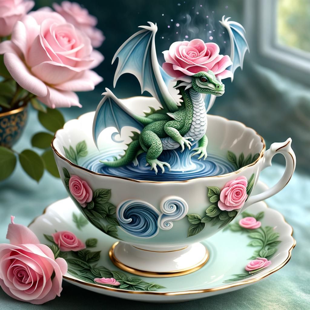 Tiny Dragon in Teacup Fantasy Art