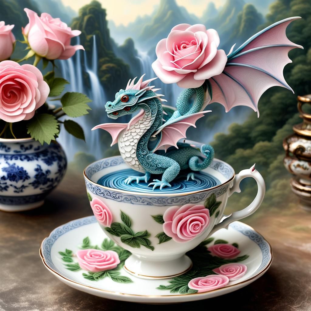 Tiny Dragon in Teacup with Waterfall Background
