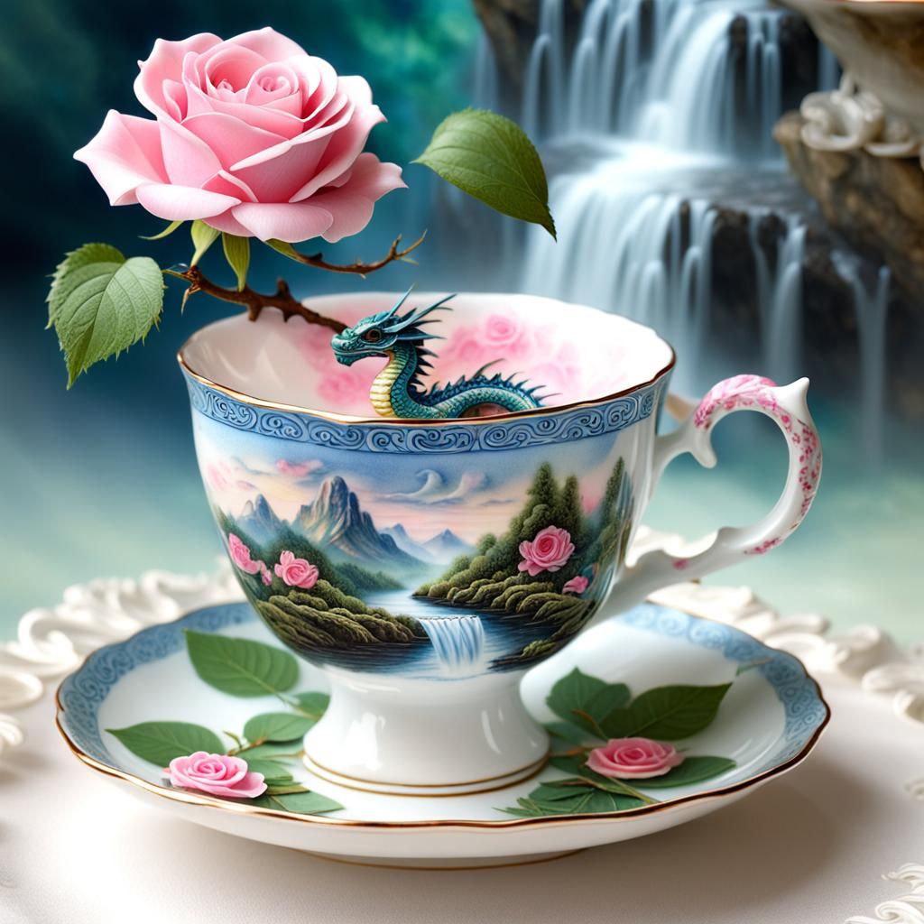 Tiny Dragon in Teacup: Ethereal Fantasy Art
