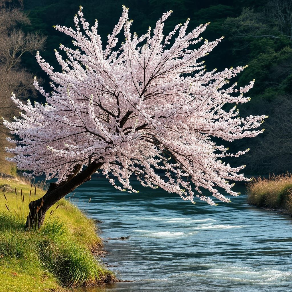 Windy Sakura Tree by Flowing River