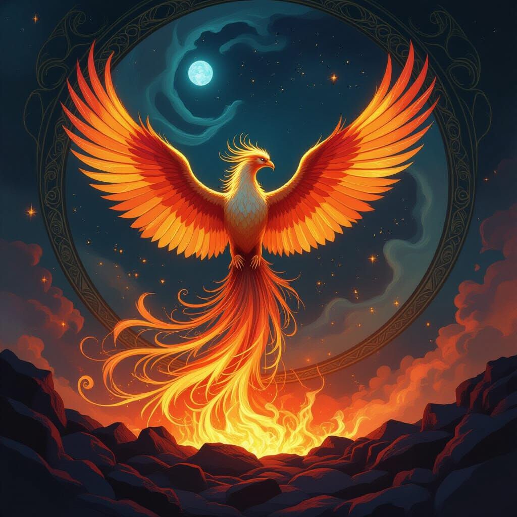 Majestic Phoenix Rises from Cosmic Embers in Art Nouveau Sty...