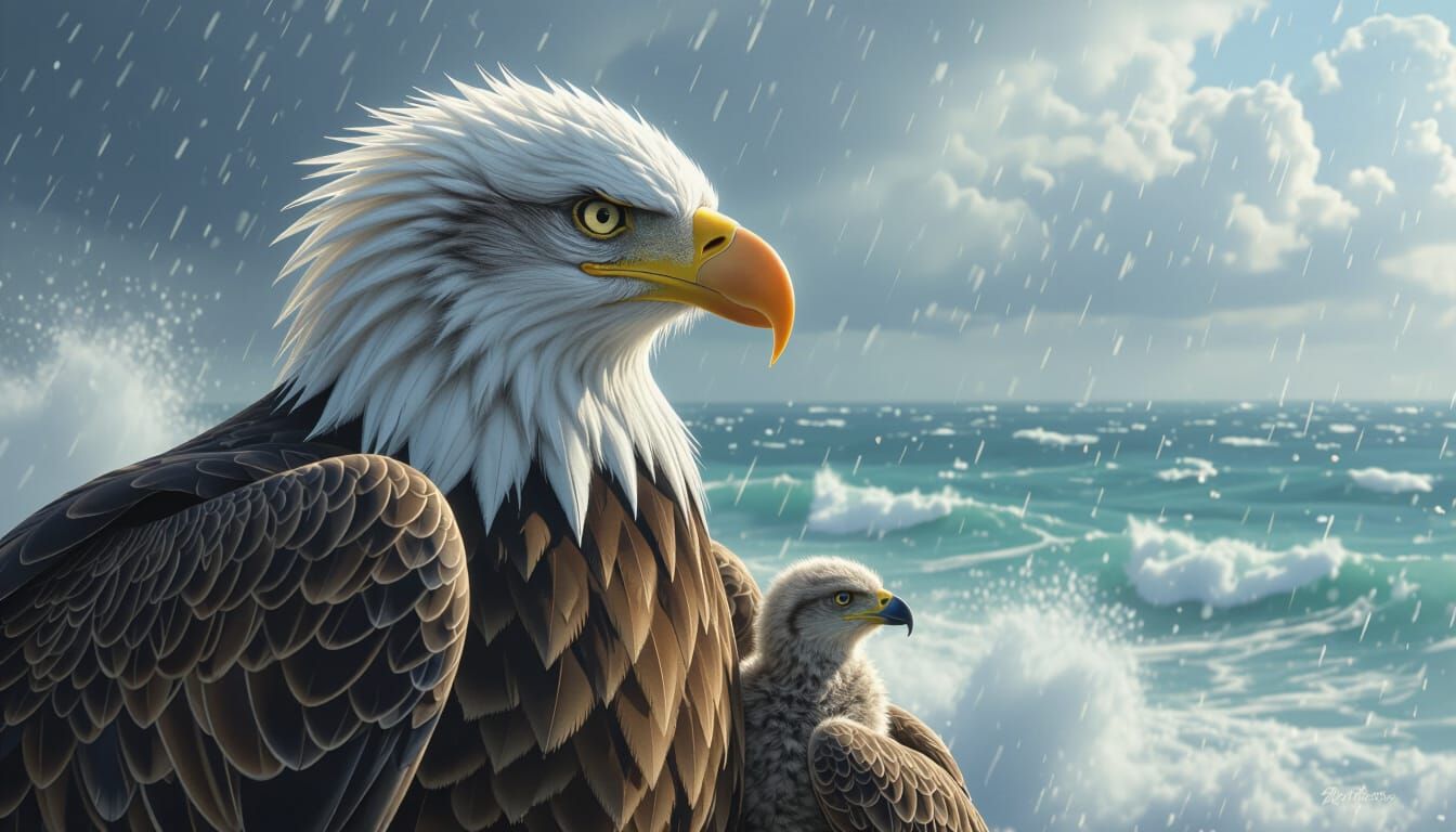 Eagle Mother Protecting Eaglets During Storm