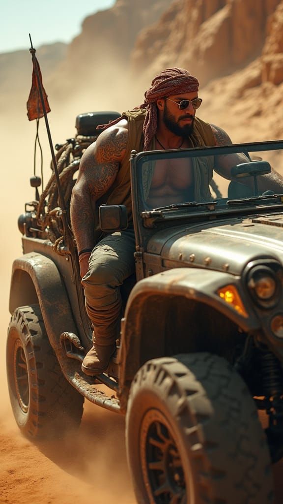 Desert Hunk Drives Armored Jeep in Hyperrealistic Action Sce...