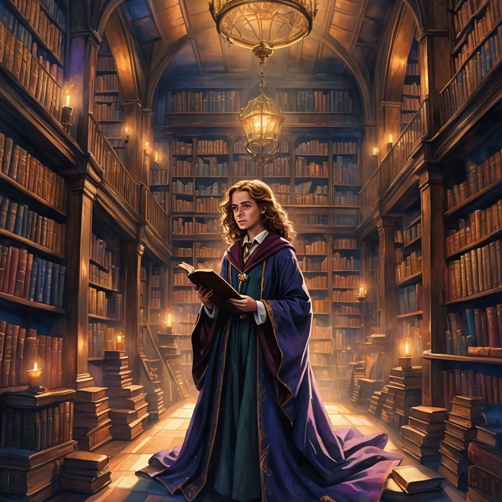 Hermione Granger in Hogwarts Library: Watercolor Art