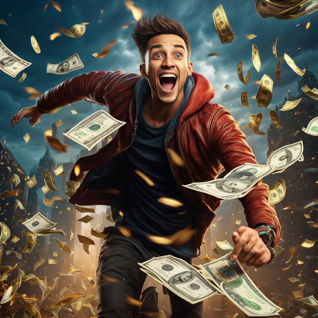 Excited Man Surrounded by Money: Ultra Realistic Art