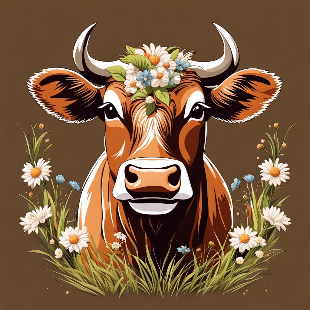 Kawaii Highland Cow Eating Flowers