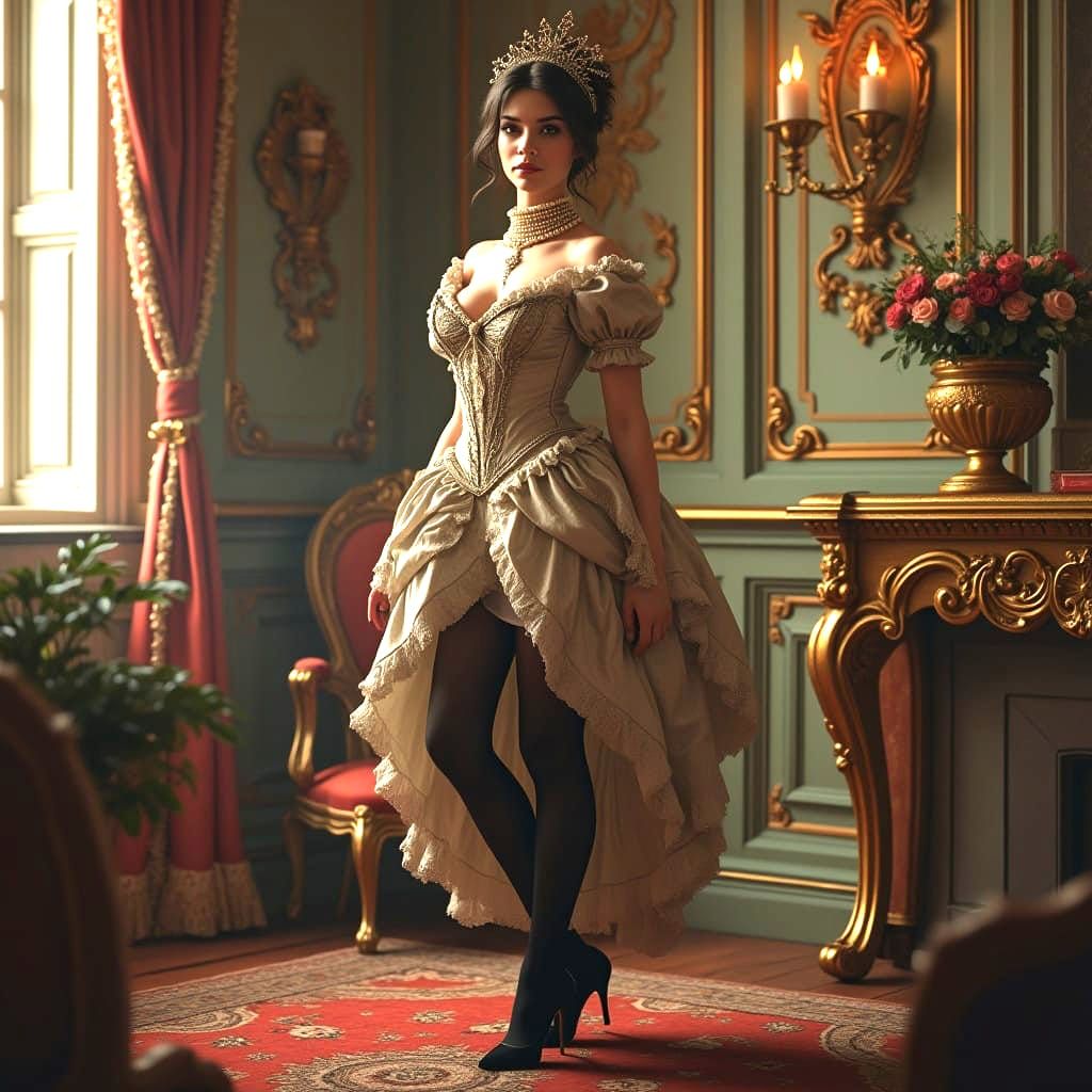 Elegantly dressed woman in an 18th century room.