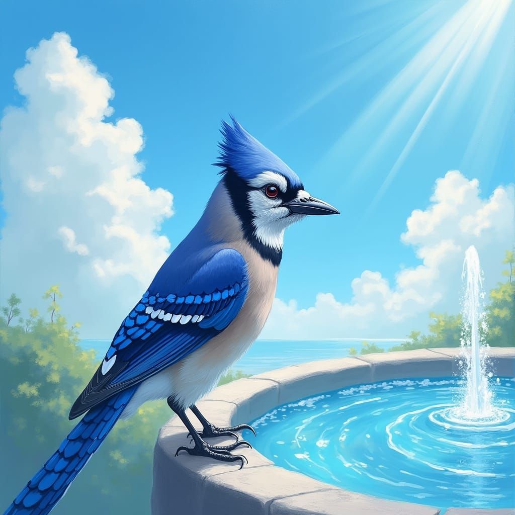 Blue Jay at Fountain, Impressionistic Naturalism