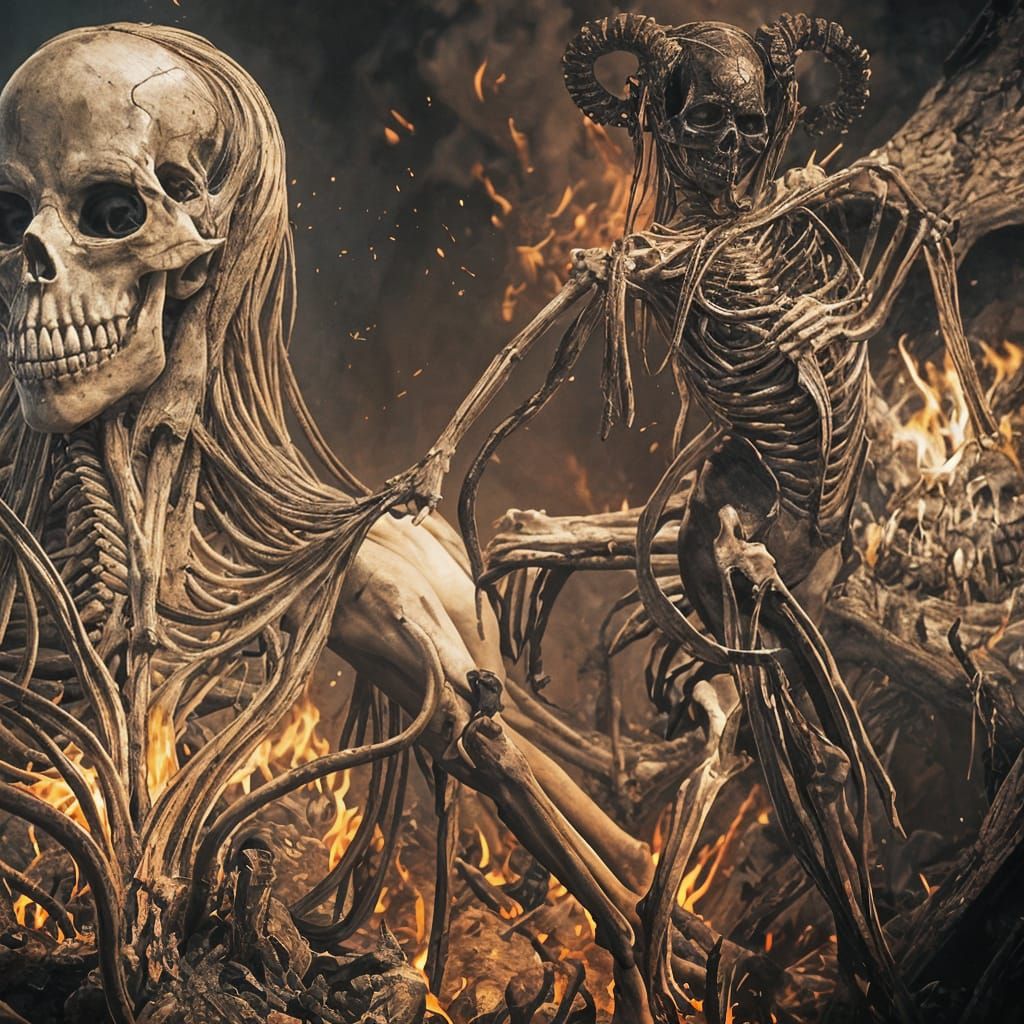 Dancing Demon by Bonfire with Burning Skeleton
