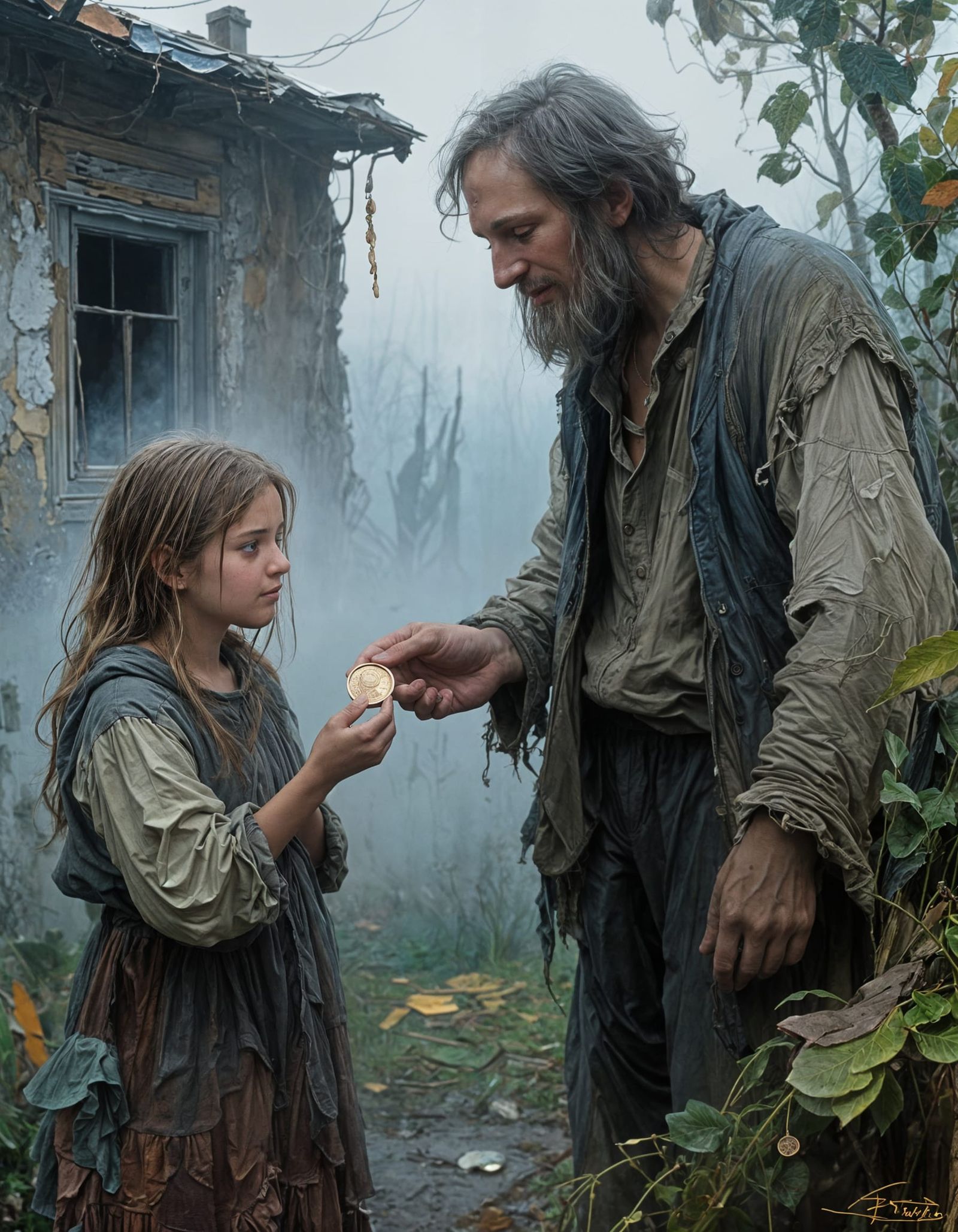 Impasto Painting of Girl Offering Penny to Father