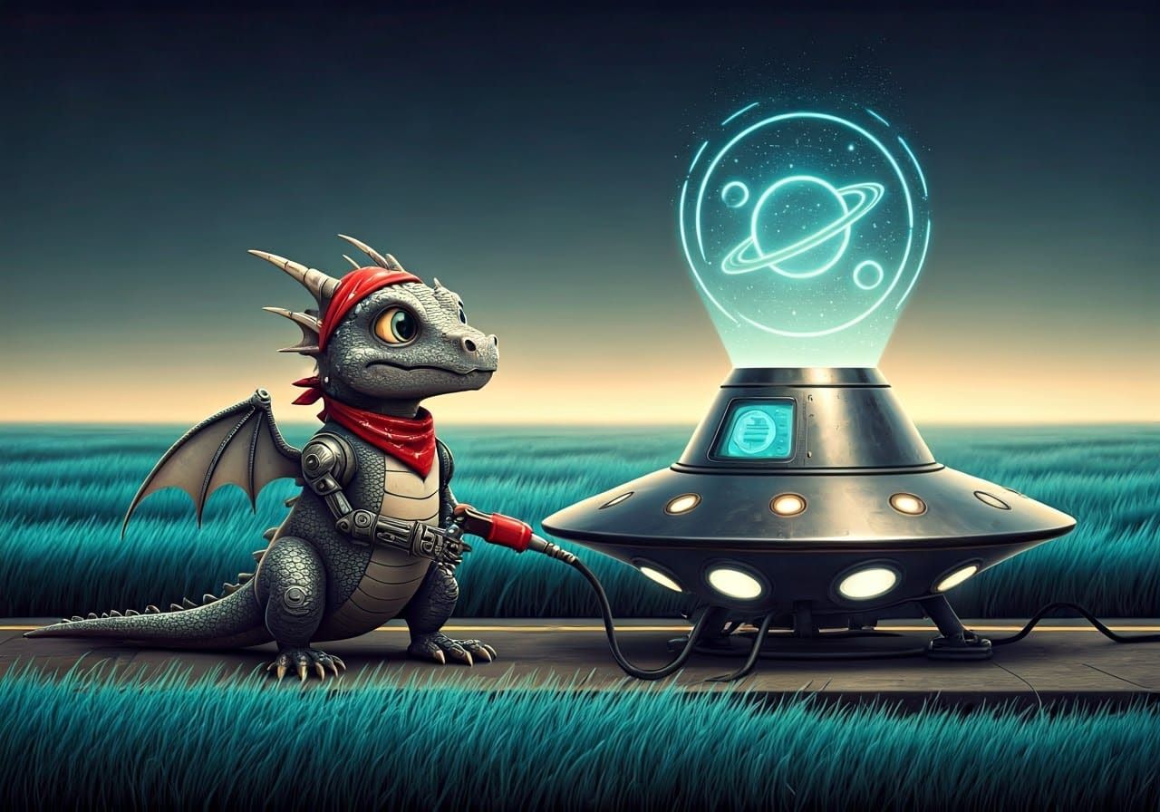 Cybernetic Dragon Refuels Futuristic Saucer at Retrofuturist...