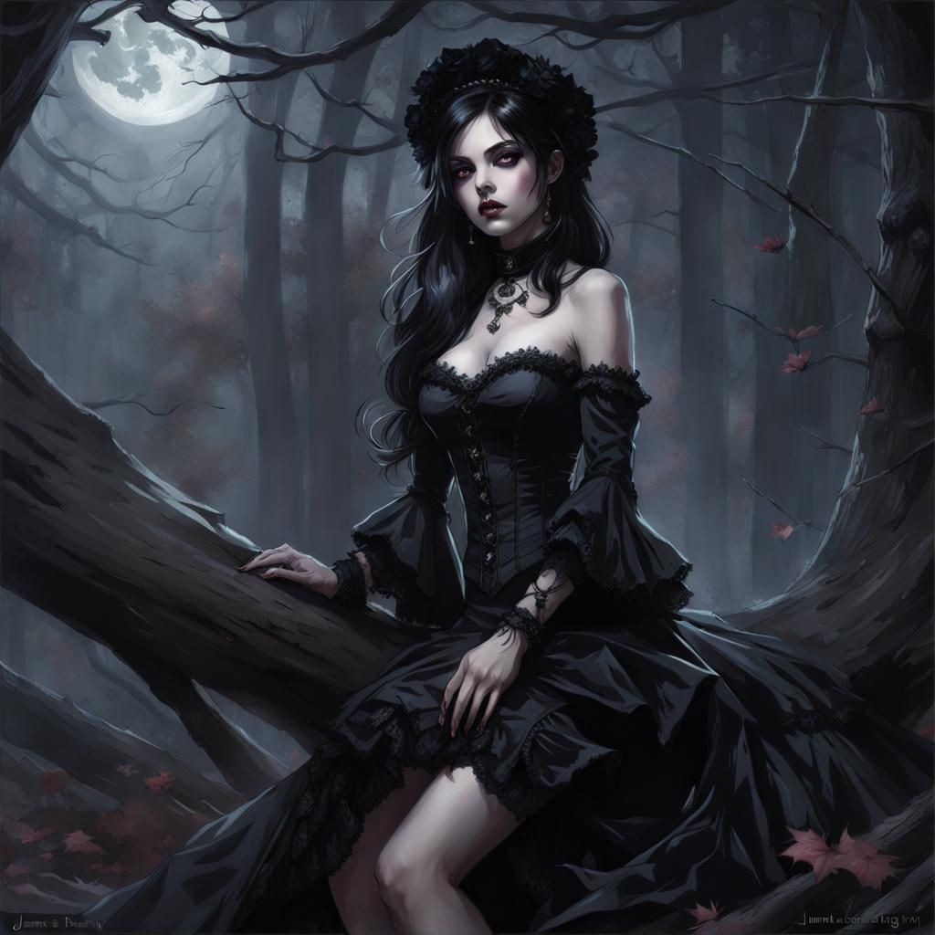 Victorian Goth Girl in Creepy Woods