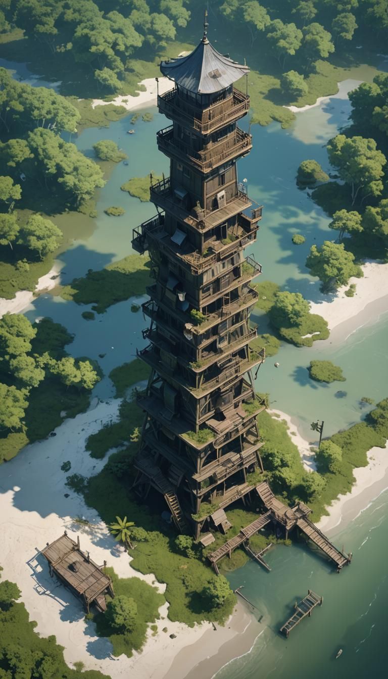Air Tower on Swamp Beach in Anime Style