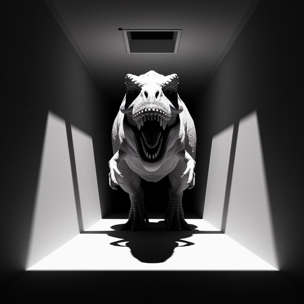 Colossal T-Rex Charges Down Dark Hallway
