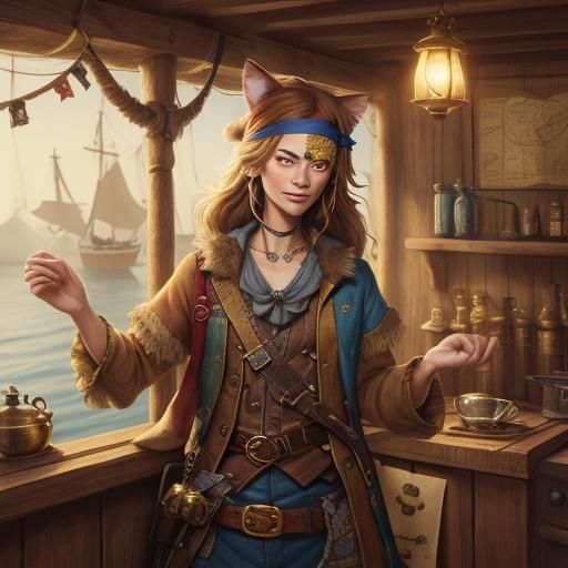 Pirate Cat on Treasure Ship: Whimsical Illustration