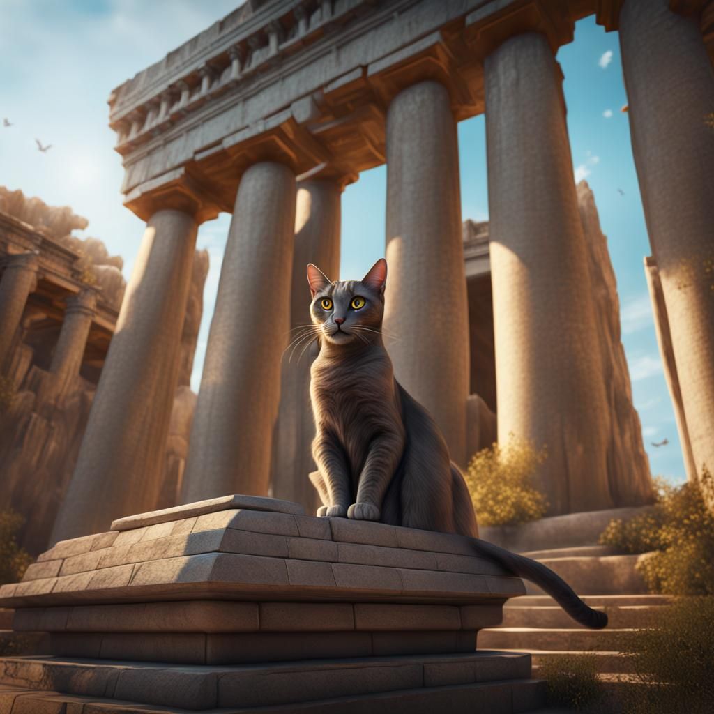 Odd-Eyed Cat Hugging Statue in Greek Temple