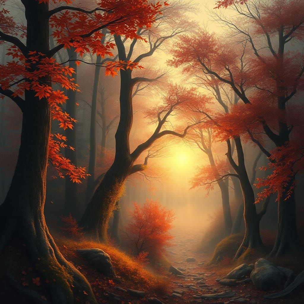 Ethereal Autumn Forest Landscape in Dreamy Style