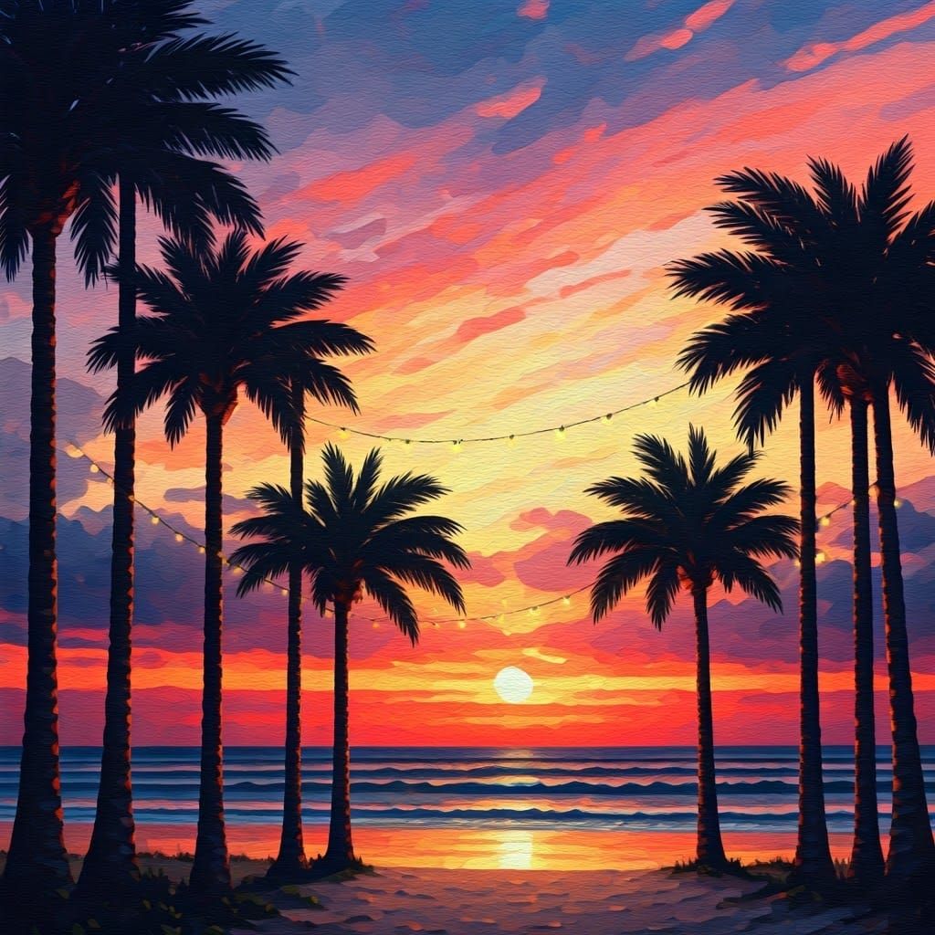 Sunset Palm Trees in Impressionist Gouache Style
