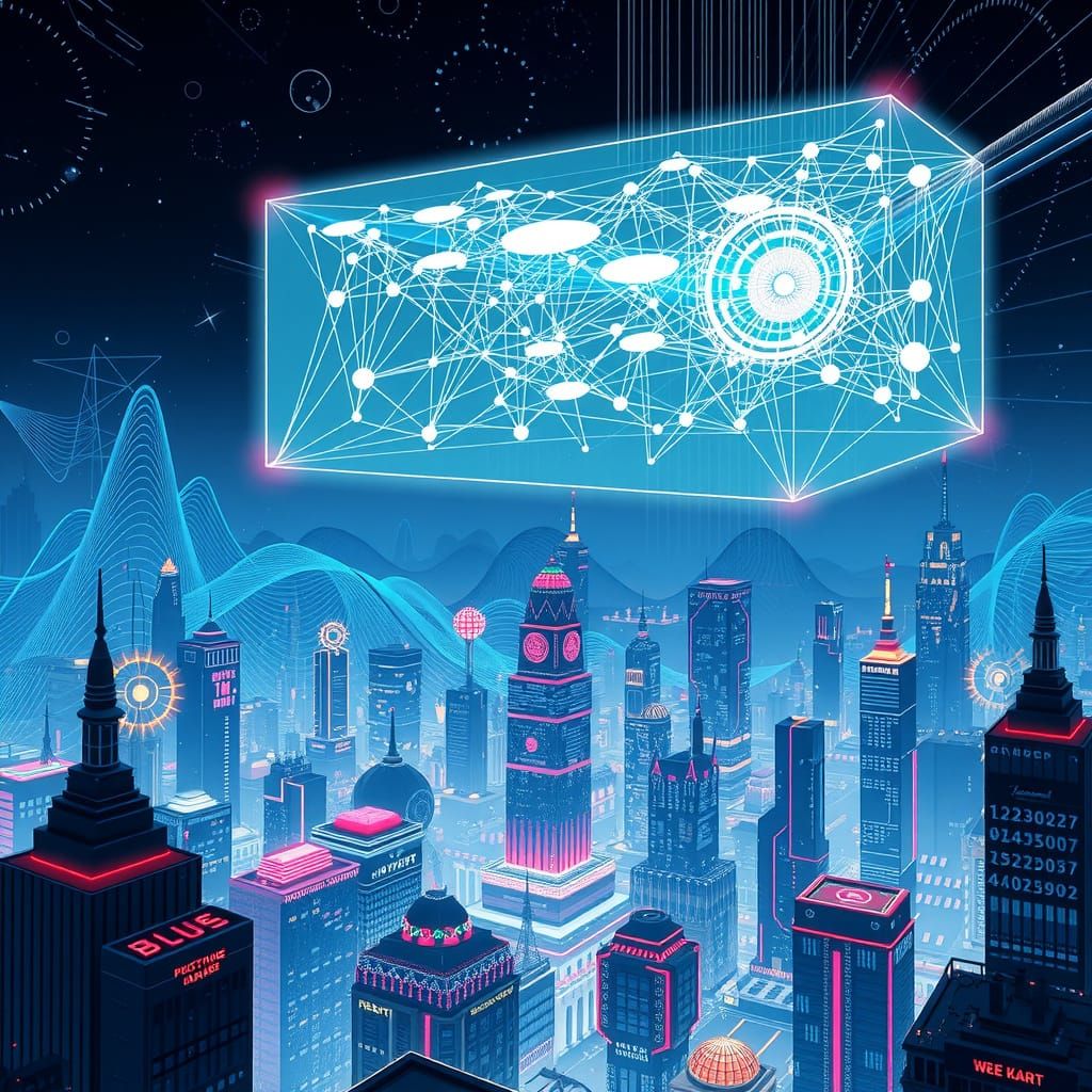 Futuristic Cityscape with Neon-Lit Vector Fractals and Holog...