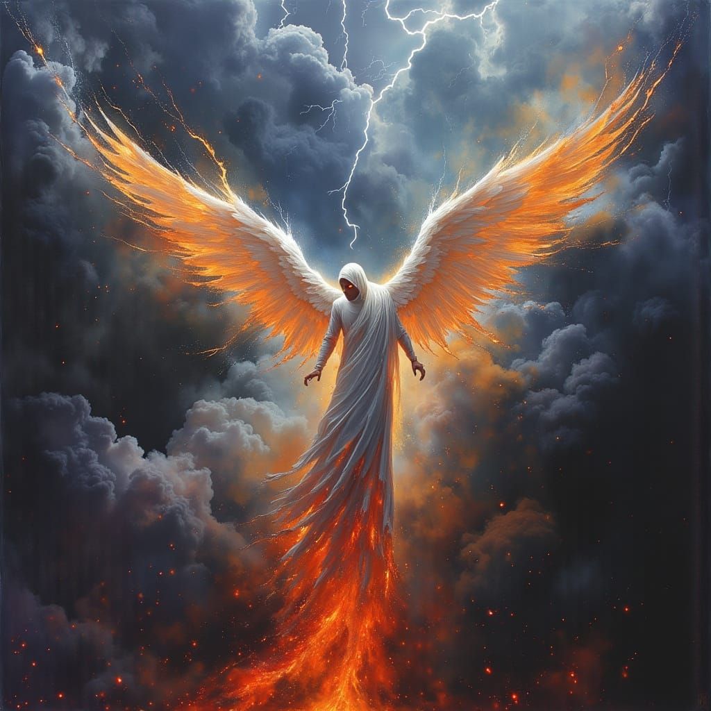 Angel Descending: Dark Oil Painting with Lightning Wings