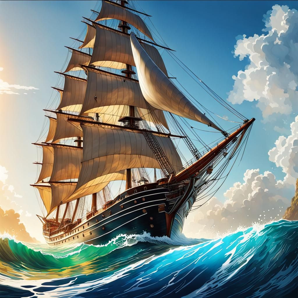 Sailing Ship in Caribbean: Hyperrealistic Splash Art