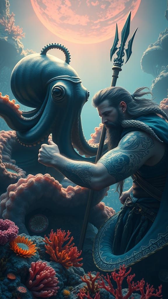 Octopus and Viking Face-Off in Ethereal Underwater World