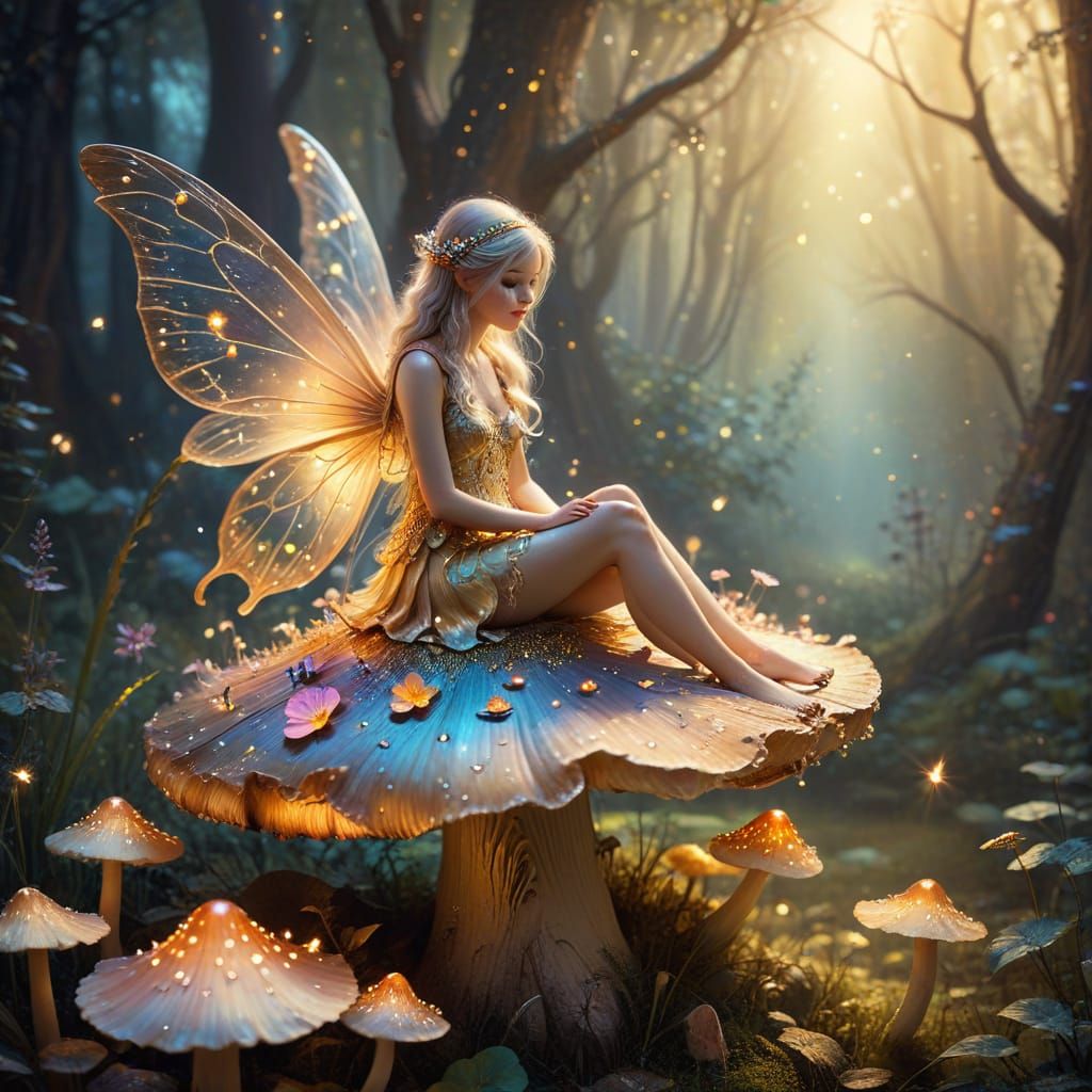 Fairy on Mushroom in Whimsical Oil Painting