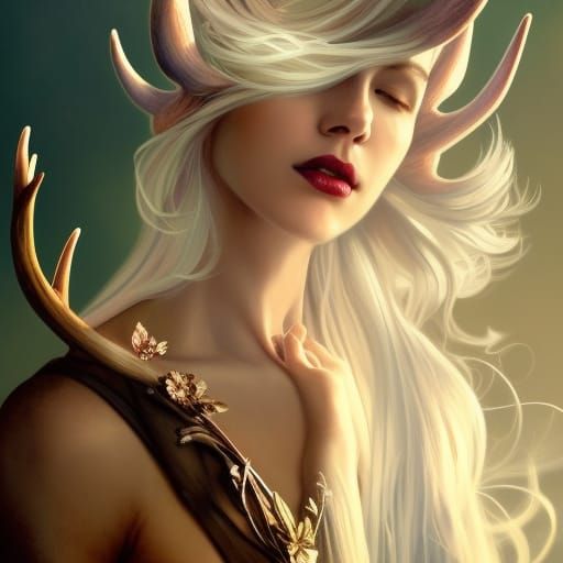 Fairy Woman Portrait with Antlers in Art Nouveau Style