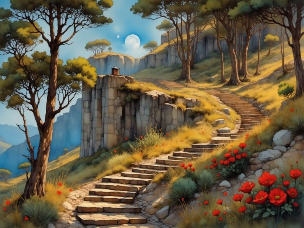 Wooden Staircase with Flowers: Australian Oil Painting