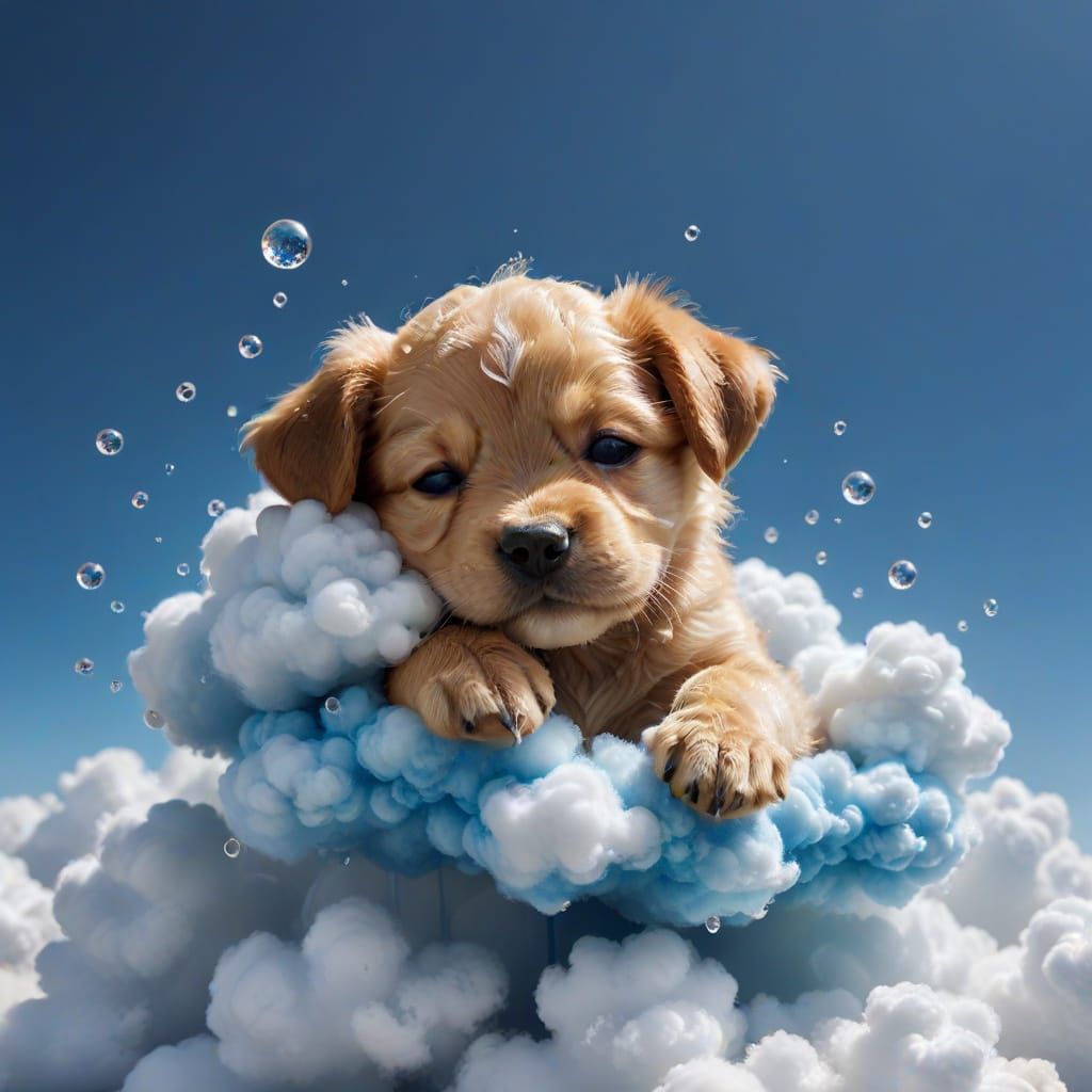 Puppy Sleeping on Clouds Made of Water Droplets